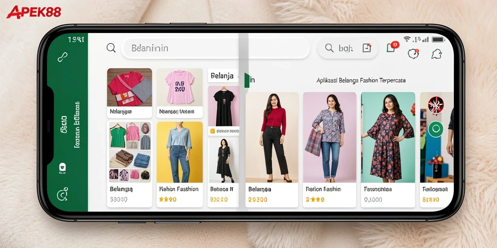 Tampilan antarmuka pengguna aplikasi APEK88 menunjukkan koleksi fashion terkini.