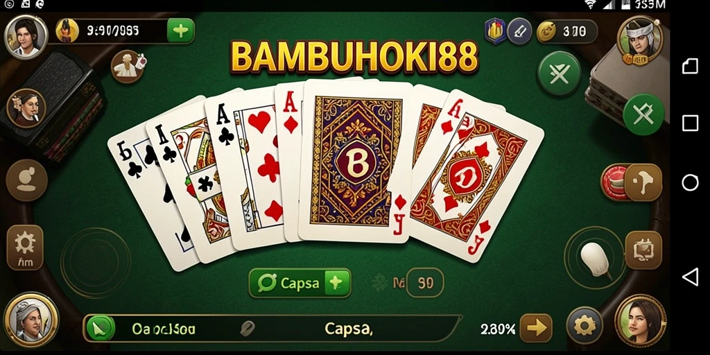 Screenshot BAMBUHOKI88 menampilkan antarmuka permainan Capsa yang menarik.
