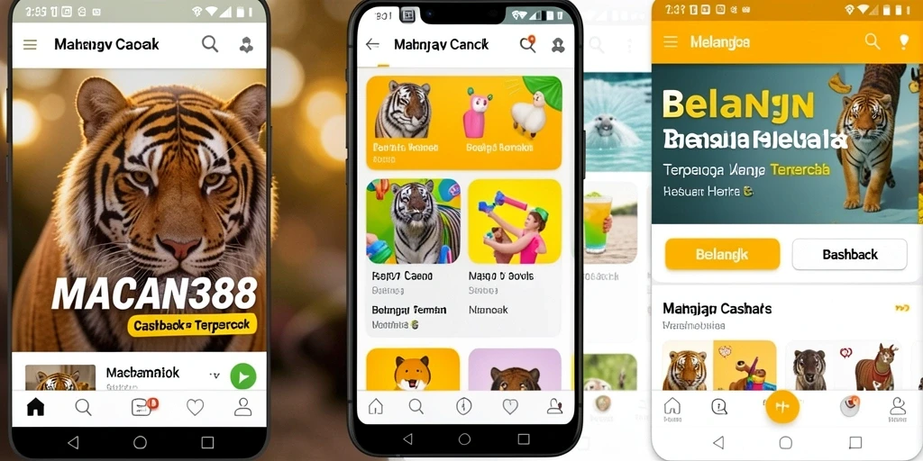 Antarmuka aplikasi MACAN388 menampilkan opsi cashback dan promo belanja.