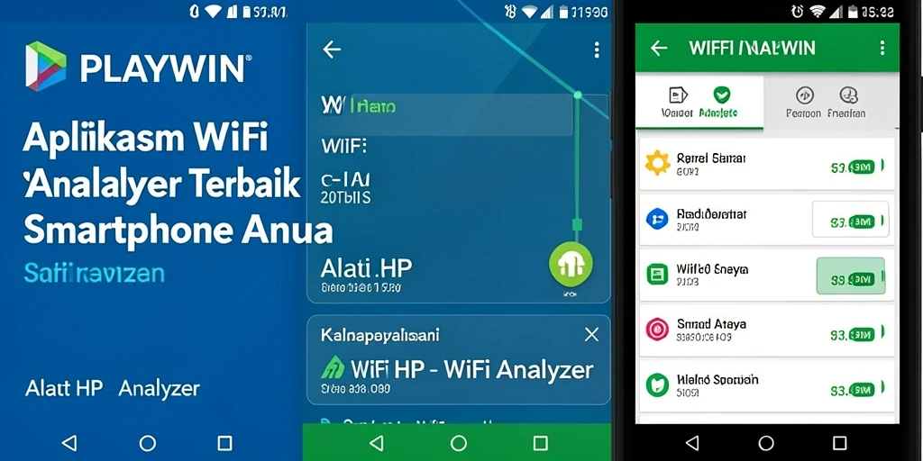 Antarmuka utama aplikasi PLAYWIN menampilkan analisis jaringan WiFi yang jelas dan informatif.
